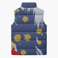 Dude I Said Friendly Graphic Sleeveless Puffer Jacket with Gold Paint Splatter and Retro Stripes