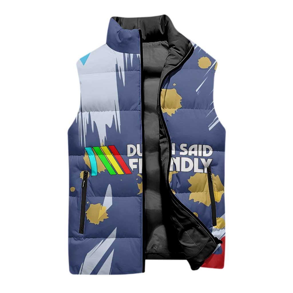 Dude I Said Friendly Graphic Sleeveless Puffer Jacket with Gold Paint Splatter and Retro Stripes
