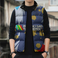 Dude I Said Friendly Graphic Sleeveless Puffer Jacket with Gold Paint Splatter and Retro Stripes