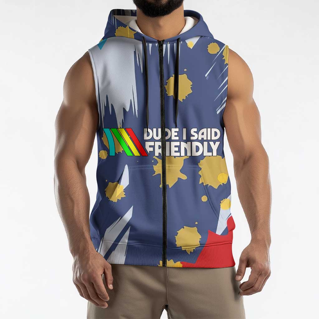 Dude I Said Friendly Graphic Sleeveless Zip Hoodie with Gold Paint Splatter and Retro Stripes