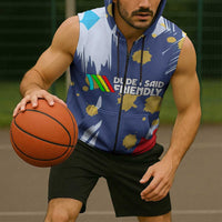 Dude I Said Friendly Graphic Sleeveless Zip Hoodie with Gold Paint Splatter and Retro Stripes