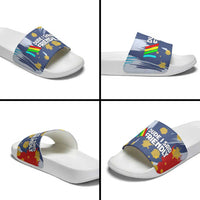 Dude I Said Friendly Graphic Slide Sandals with Gold Paint Splatter and Retro Stripes