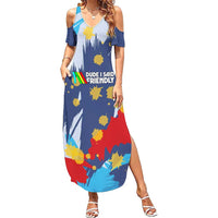 Dude I Said Friendly Graphic Summer Maxi Dress with Gold Paint Splatter and Retro Stripes
