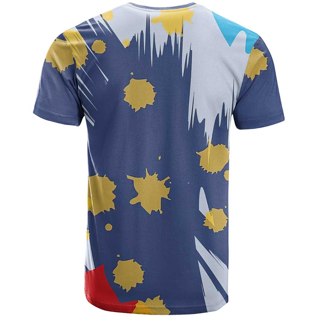 Dude I Said Friendly Graphic T Shirt with Gold Paint Splatter and Retro Stripes