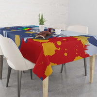 Dude I Said Friendly Graphic Tablecloth with Gold Paint Splatter and Retro Stripes