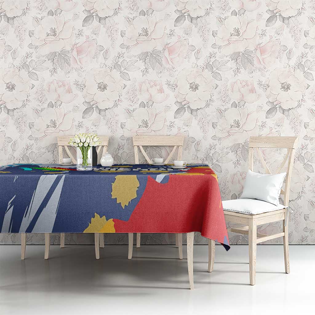 Dude I Said Friendly Graphic Tablecloth with Gold Paint Splatter and Retro Stripes