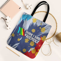 Dude I Said Friendly Graphic Tote Bag with Gold Paint Splatter and Retro Stripes