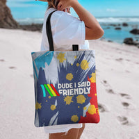 Dude I Said Friendly Graphic Tote Bag with Gold Paint Splatter and Retro Stripes
