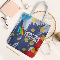 Dude I Said Friendly Graphic Tote Bag with Gold Paint Splatter and Retro Stripes