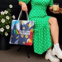 Dude I Said Friendly Graphic Tote Bag with Gold Paint Splatter and Retro Stripes