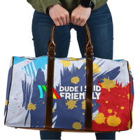 Dude I Said Friendly Graphic Travel Bag with Gold Paint Splatter and Retro Stripes