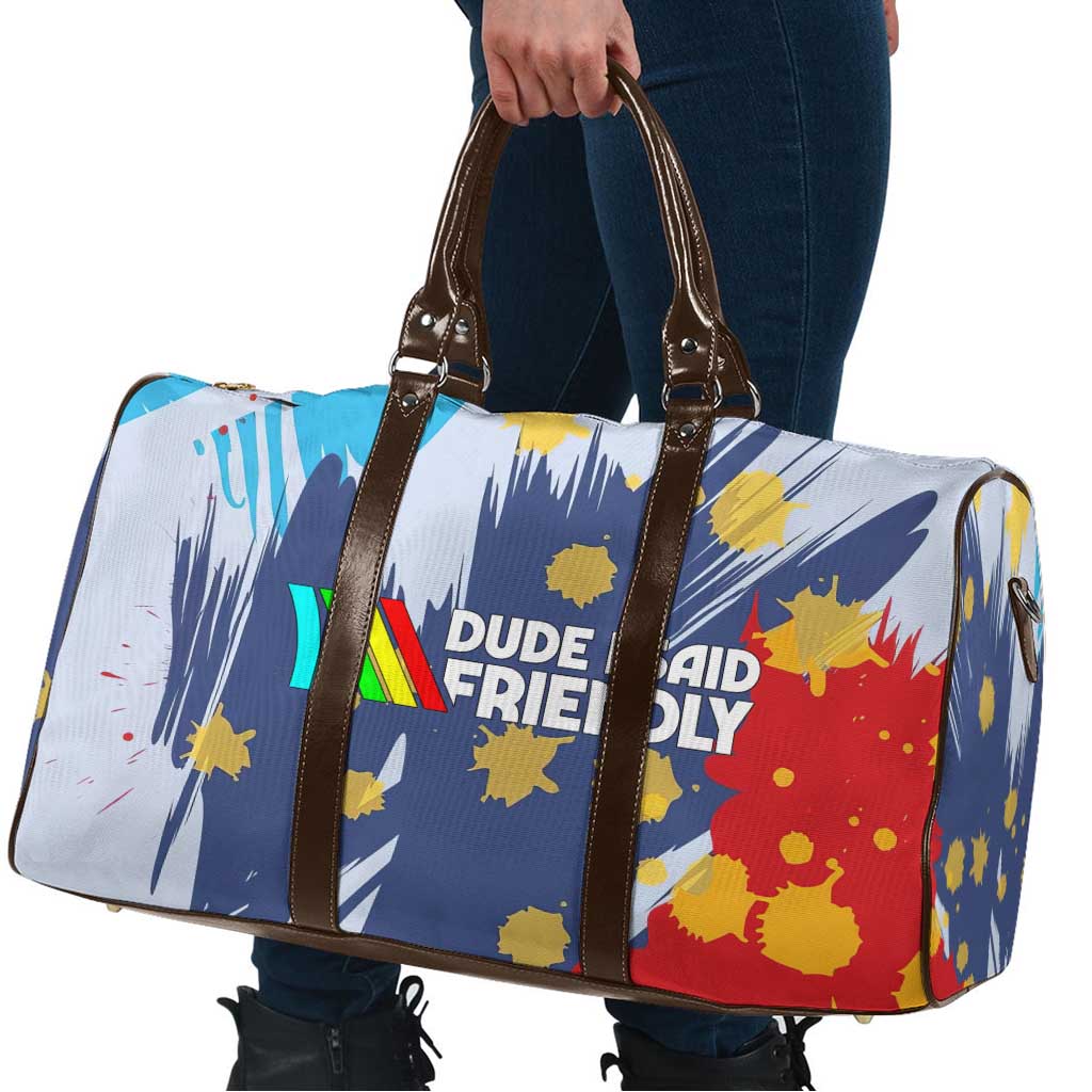 Dude I Said Friendly Graphic Travel Bag with Gold Paint Splatter and Retro Stripes