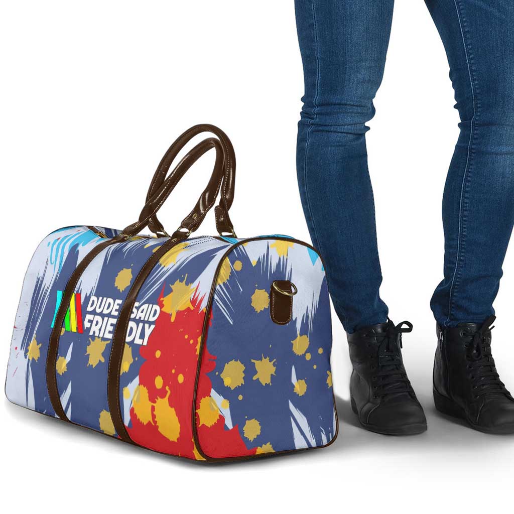 Dude I Said Friendly Graphic Travel Bag with Gold Paint Splatter and Retro Stripes