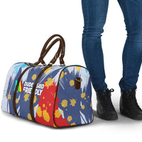 Dude I Said Friendly Graphic Travel Bag with Gold Paint Splatter and Retro Stripes