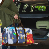 Dude I Said Friendly Graphic Travel Bag with Gold Paint Splatter and Retro Stripes
