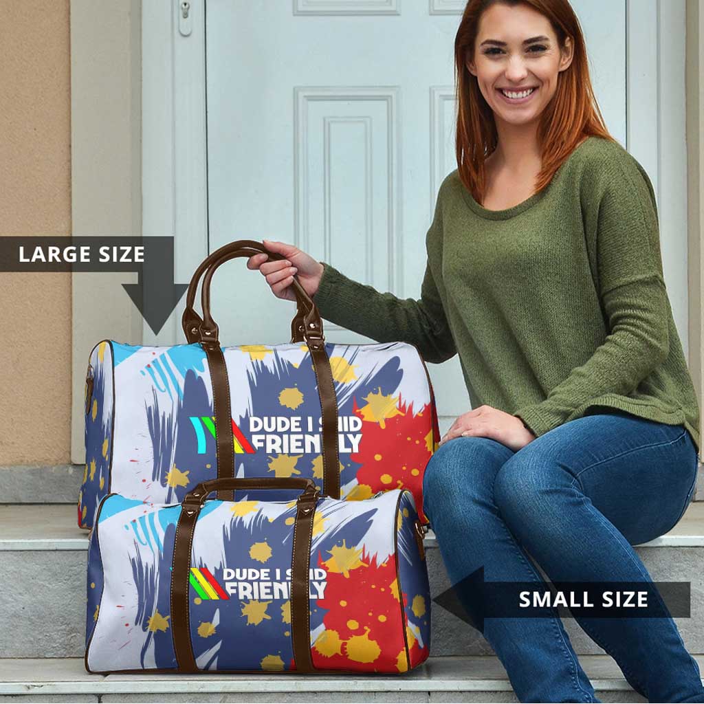 Dude I Said Friendly Graphic Travel Bag with Gold Paint Splatter and Retro Stripes