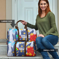 Dude I Said Friendly Graphic Travel Bag with Gold Paint Splatter and Retro Stripes
