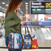 Dude I Said Friendly Graphic Travel Bag with Gold Paint Splatter and Retro Stripes