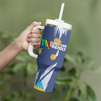 Dude I Said Friendly Graphic Tumbler With Handle with Gold Paint Splatter and Retro Stripes