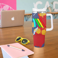 Dude I Said Friendly Graphic Tumbler With Handle with Gold Paint Splatter and Retro Stripes