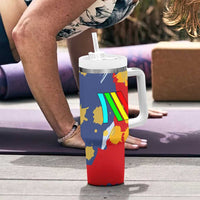 Dude I Said Friendly Graphic Tumbler With Handle with Gold Paint Splatter and Retro Stripes