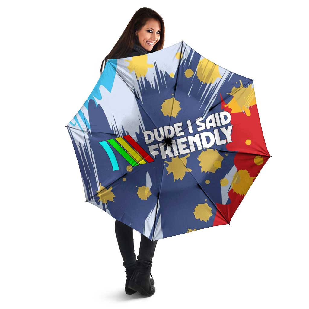 Dude I Said Friendly Graphic Umbrella with Gold Paint Splatter and Retro Stripes