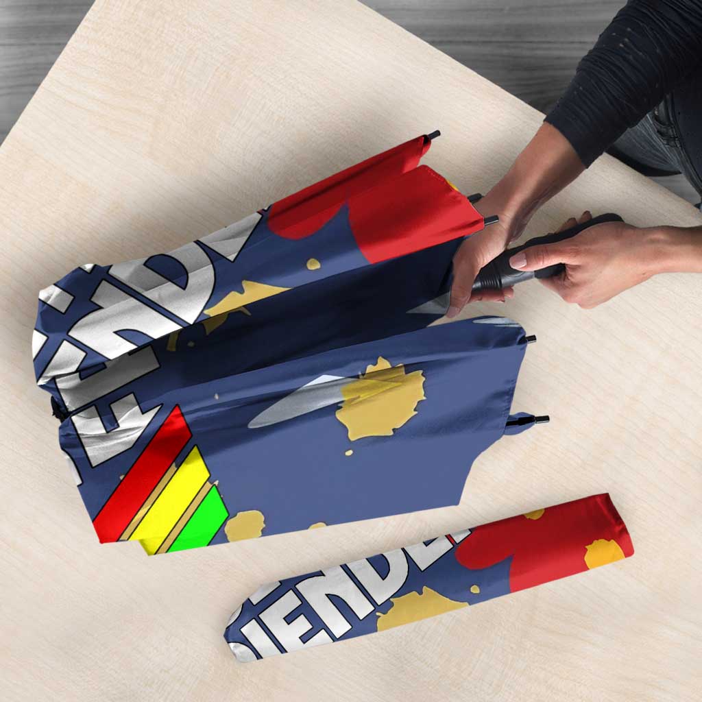 Dude I Said Friendly Graphic Umbrella with Gold Paint Splatter and Retro Stripes
