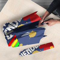 Dude I Said Friendly Graphic Umbrella with Gold Paint Splatter and Retro Stripes