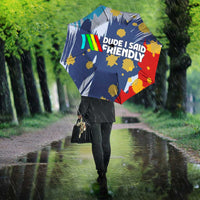 Dude I Said Friendly Graphic Umbrella with Gold Paint Splatter and Retro Stripes