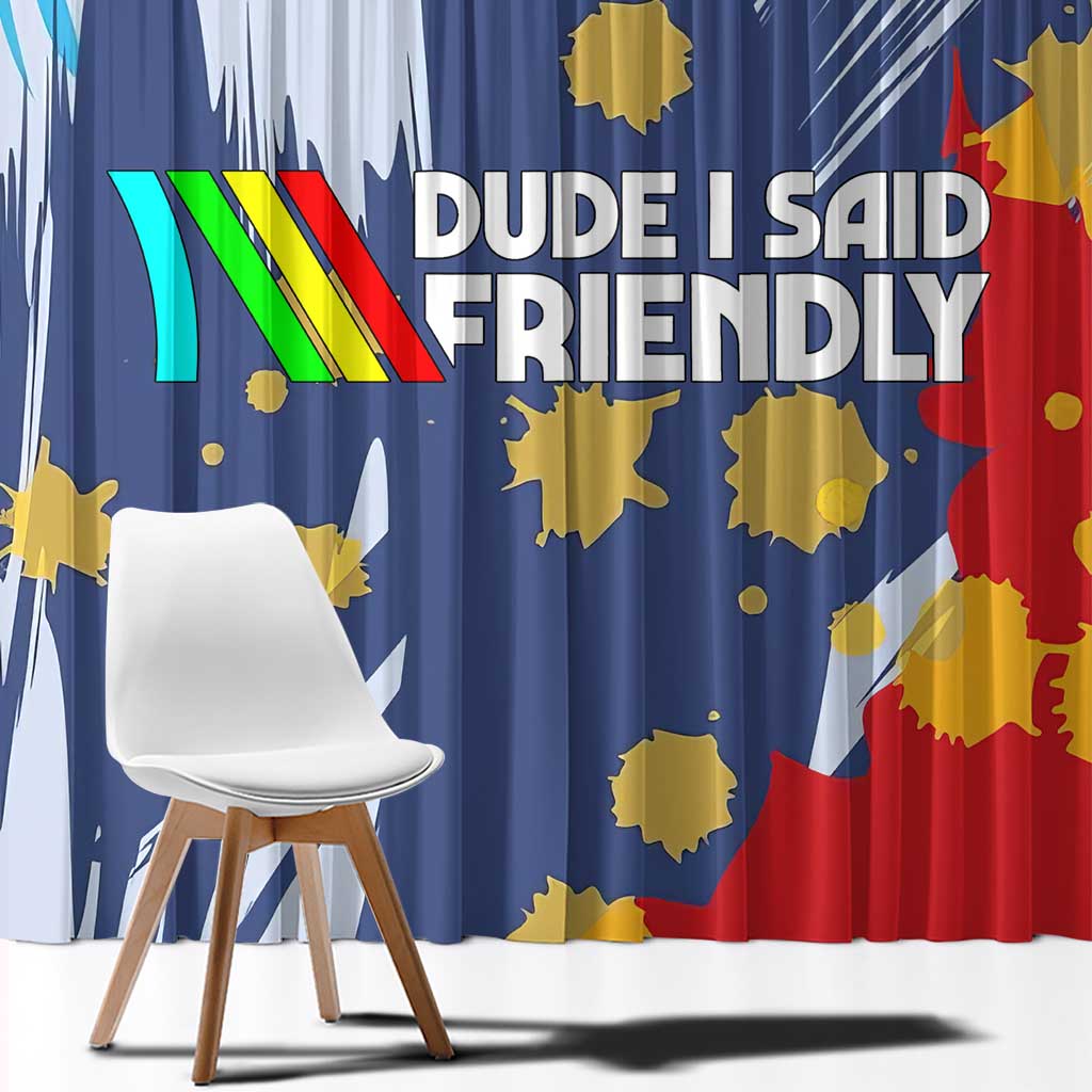 Dude I Said Friendly Graphic Window Curtain with Gold Paint Splatter and Retro Stripes