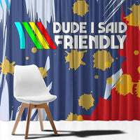 Dude I Said Friendly Graphic Window Curtain with Gold Paint Splatter and Retro Stripes