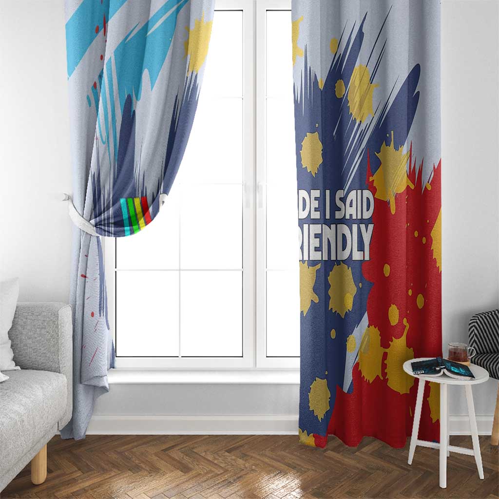 Dude I Said Friendly Graphic Window Curtain with Gold Paint Splatter and Retro Stripes