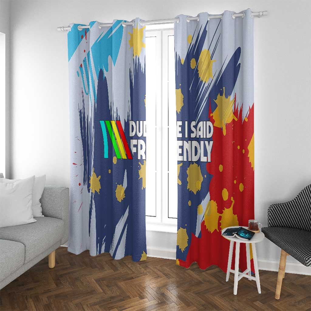 Dude I Said Friendly Graphic Window Curtain with Gold Paint Splatter and Retro Stripes