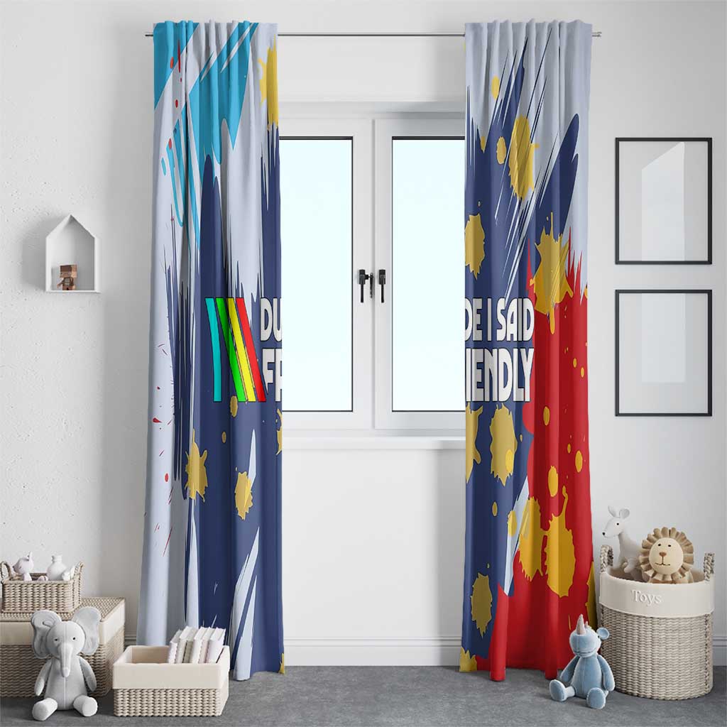 Dude I Said Friendly Graphic Window Curtain with Gold Paint Splatter and Retro Stripes