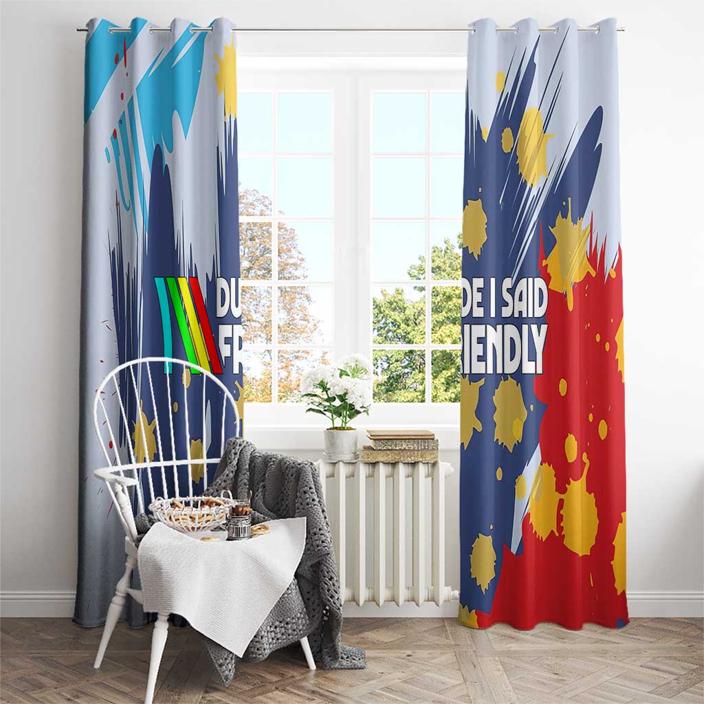 Dude I Said Friendly Graphic Window Curtain with Gold Paint Splatter and Retro Stripes