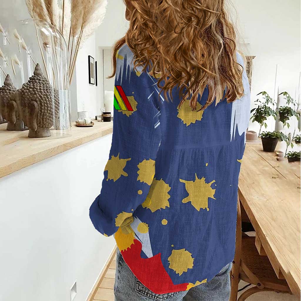 Dude I Said Friendly Graphic Women Casual Shirt with Gold Paint Splatter and Retro Stripes