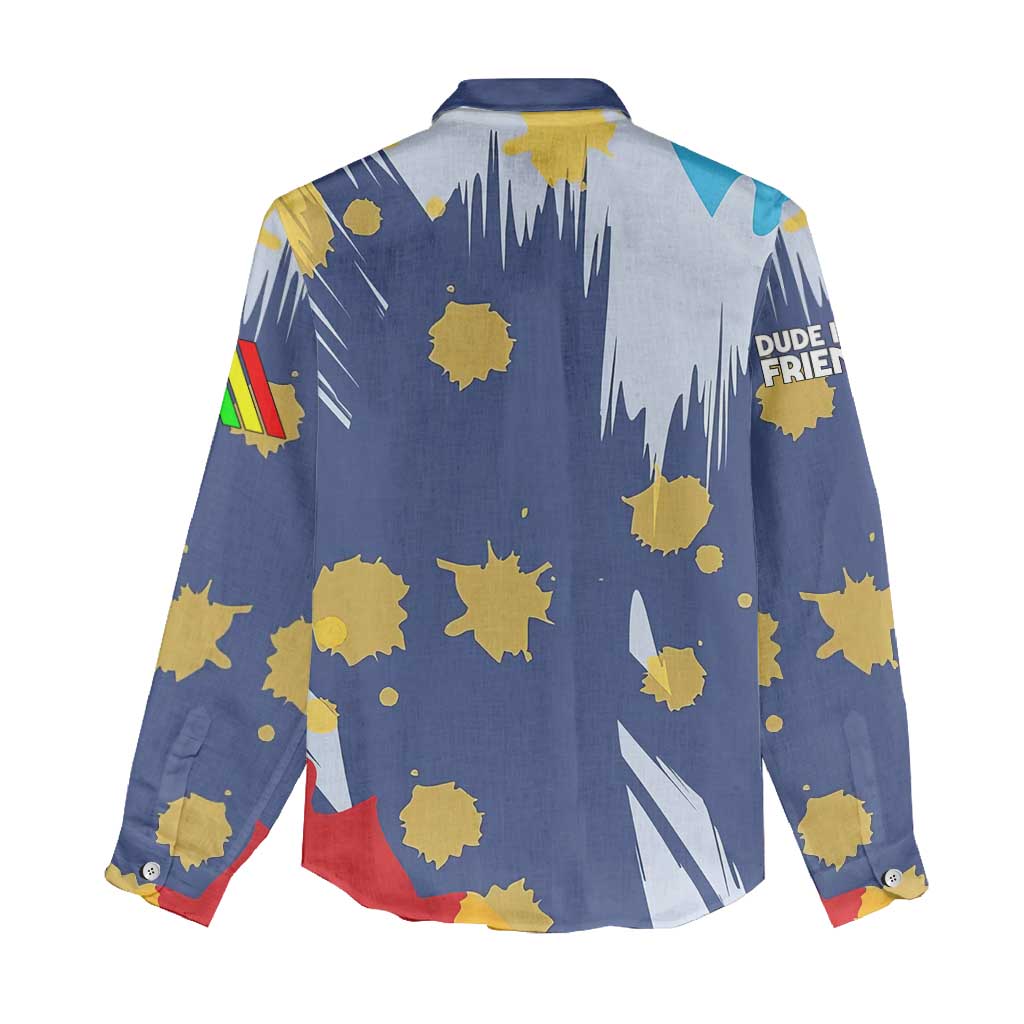 Dude I Said Friendly Graphic Women Casual Shirt with Gold Paint Splatter and Retro Stripes