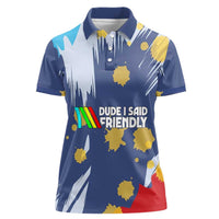 Dude I Said Friendly Graphic Women Polo Shirt with Gold Paint Splatter and Retro Stripes