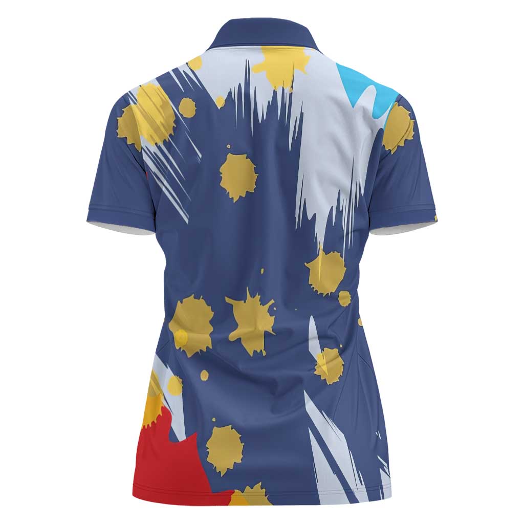 Dude I Said Friendly Graphic Women Polo Shirt with Gold Paint Splatter and Retro Stripes