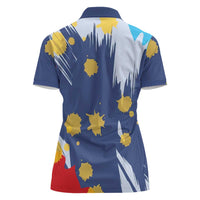 Dude I Said Friendly Graphic Women Polo Shirt with Gold Paint Splatter and Retro Stripes