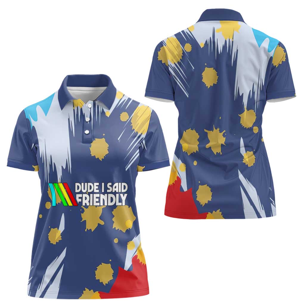 Dude I Said Friendly Graphic Women Polo Shirt with Gold Paint Splatter and Retro Stripes
