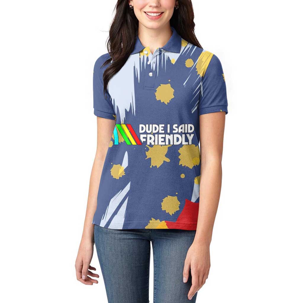 Dude I Said Friendly Graphic Women Polo Shirt with Gold Paint Splatter and Retro Stripes