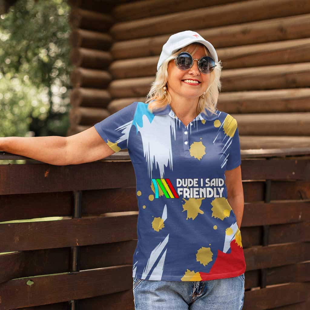 Dude I Said Friendly Graphic Women Polo Shirt with Gold Paint Splatter and Retro Stripes