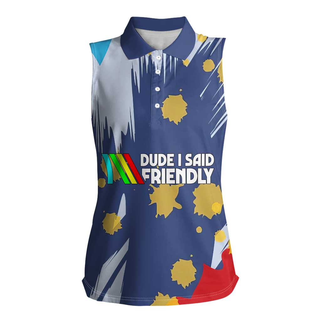 Dude I Said Friendly Graphic Women Sleeveless Polo Shirt with Gold Paint Splatter and Retro Stripes