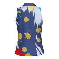 Dude I Said Friendly Graphic Women Sleeveless Polo Shirt with Gold Paint Splatter and Retro Stripes
