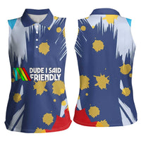 Dude I Said Friendly Graphic Women Sleeveless Polo Shirt with Gold Paint Splatter and Retro Stripes