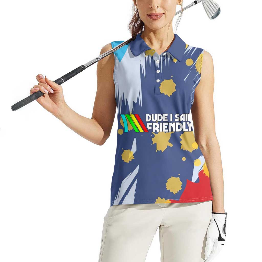 Dude I Said Friendly Graphic Women Sleeveless Polo Shirt with Gold Paint Splatter and Retro Stripes