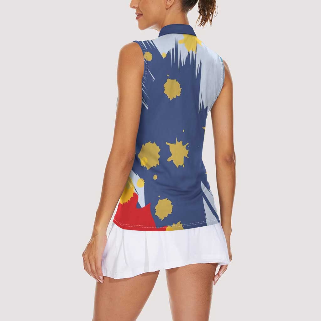 Dude I Said Friendly Graphic Women Sleeveless Polo Shirt with Gold Paint Splatter and Retro Stripes