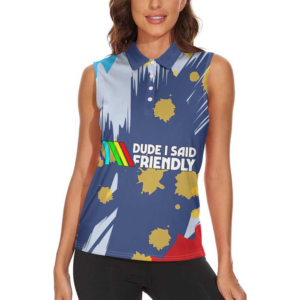 Dude I Said Friendly Graphic Women Sleeveless Polo Shirt with Gold Paint Splatter and Retro Stripes