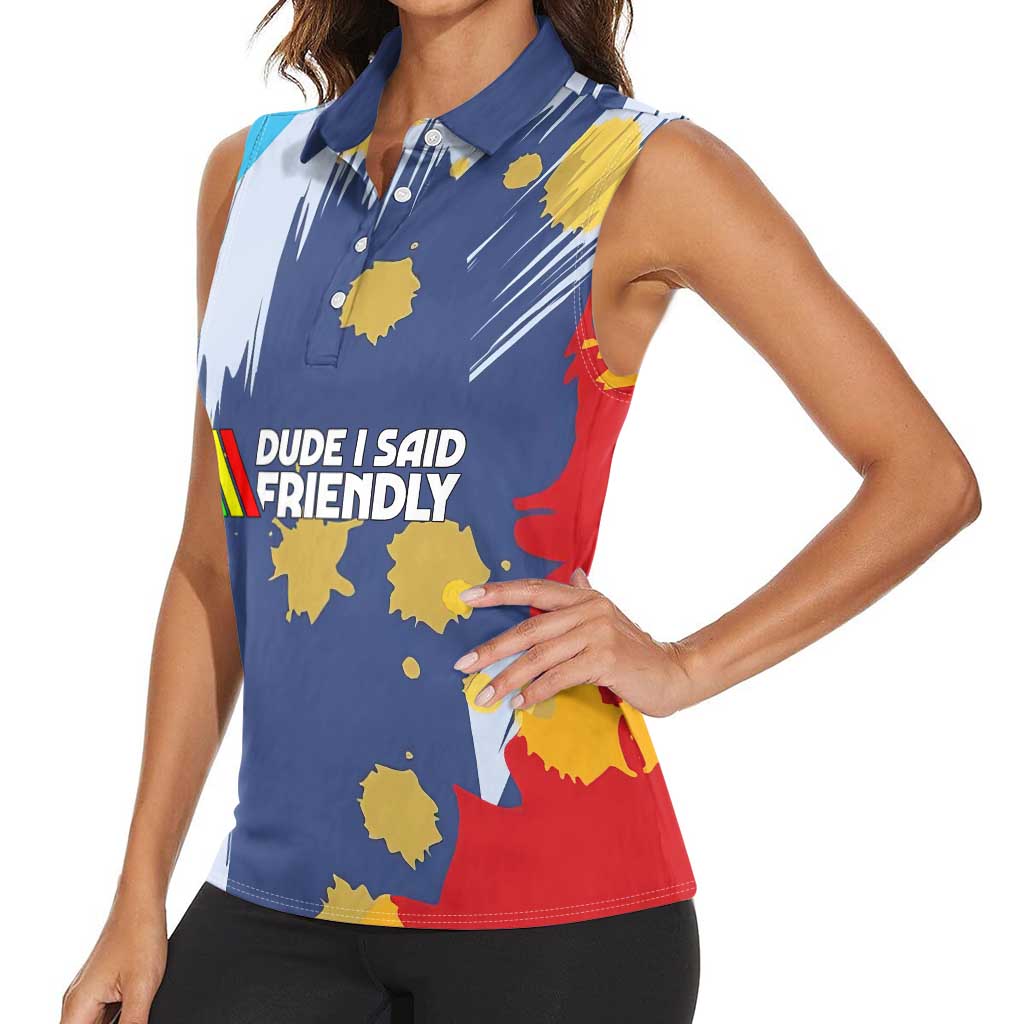 Dude I Said Friendly Graphic Women Sleeveless Polo Shirt with Gold Paint Splatter and Retro Stripes